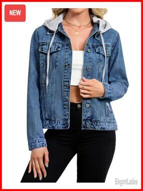 Women's Denim Jacket with Detachable Hood - Long Sleeve Casual Western Jean Coat